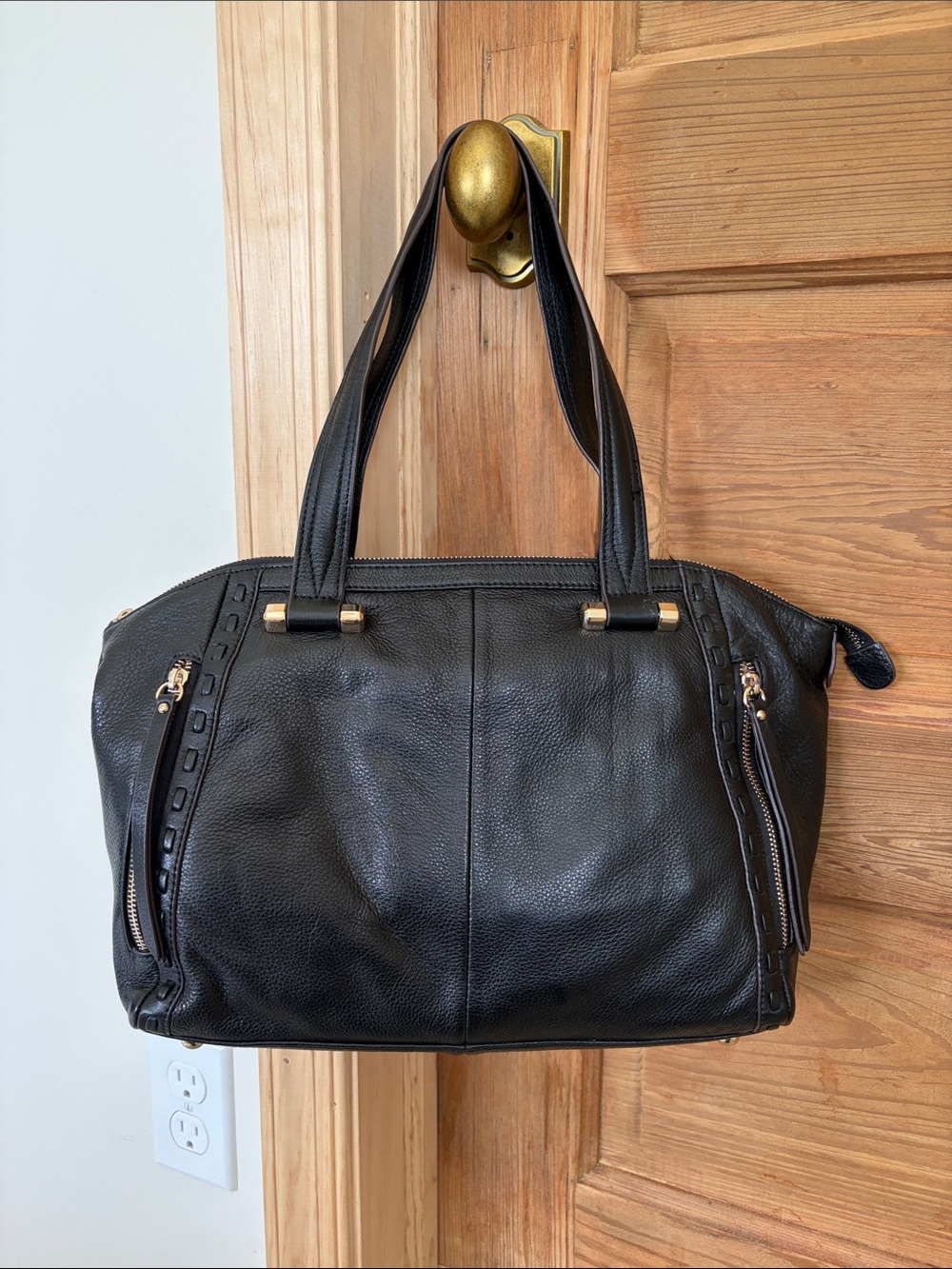 b. makowsky Black Leather Shoulder Tote with Gold Accents